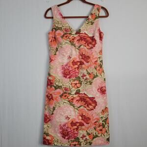 Talbots floral sleeveless v-neck cotton sheath dress sz 4 pink multi career wear